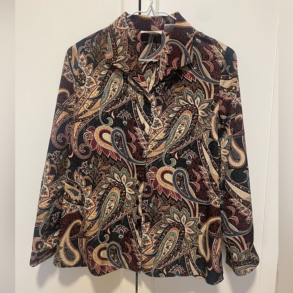 Alfred Dunner Vintage Multicolor Paisley 80s 90s Polyester Button Down Blouse